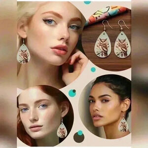 Green Fall owl printed tear drop pendant earrings